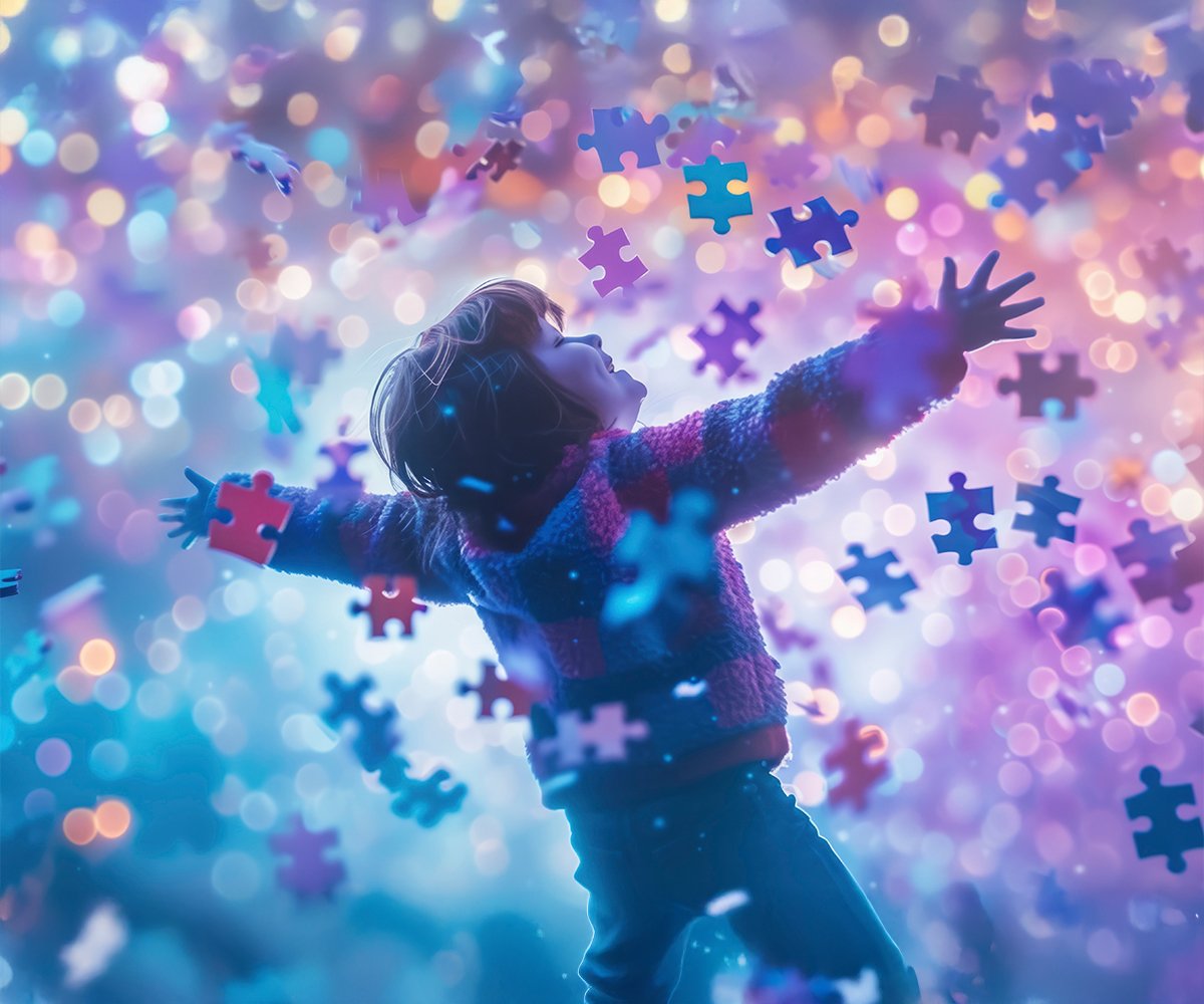 Dziecko w kolorowym swetrze rozpościera ramiona, patrząc z radością w górę. Wokół unosi się mnóstwo kolorowych puzzli na tle rozmytych, migoczących świateł, symbolizujących różnorodność i indywidualność.