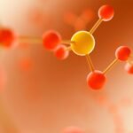 Abstrakcyjna wizualizacja cząsteczki chemicznej na pomarańczowym tle, symbolizująca