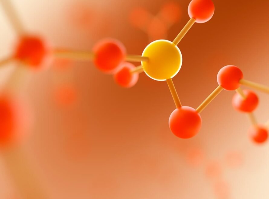 Abstrakcyjna wizualizacja cząsteczki chemicznej na pomarańczowym tle, symbolizująca
